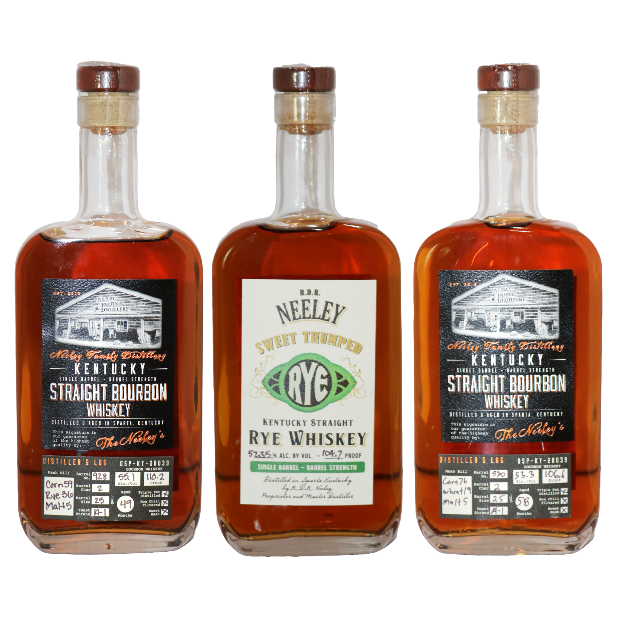 Three bottles of Neeley Family Distillery Whiskey