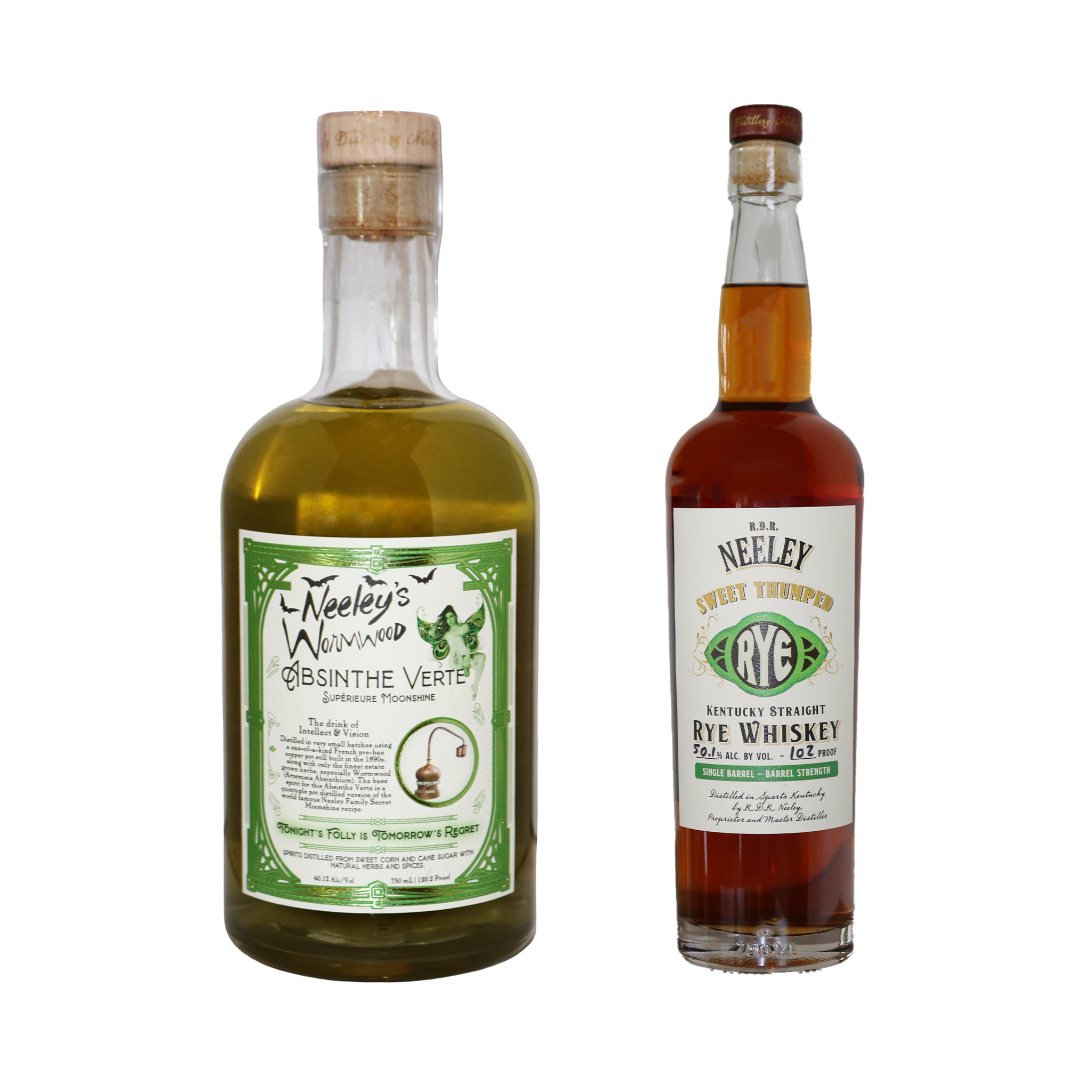 A bottle of Neeley Family Distillery Absinthe Verte and R.D.R. Sweet Thumped Rye Whiskey
