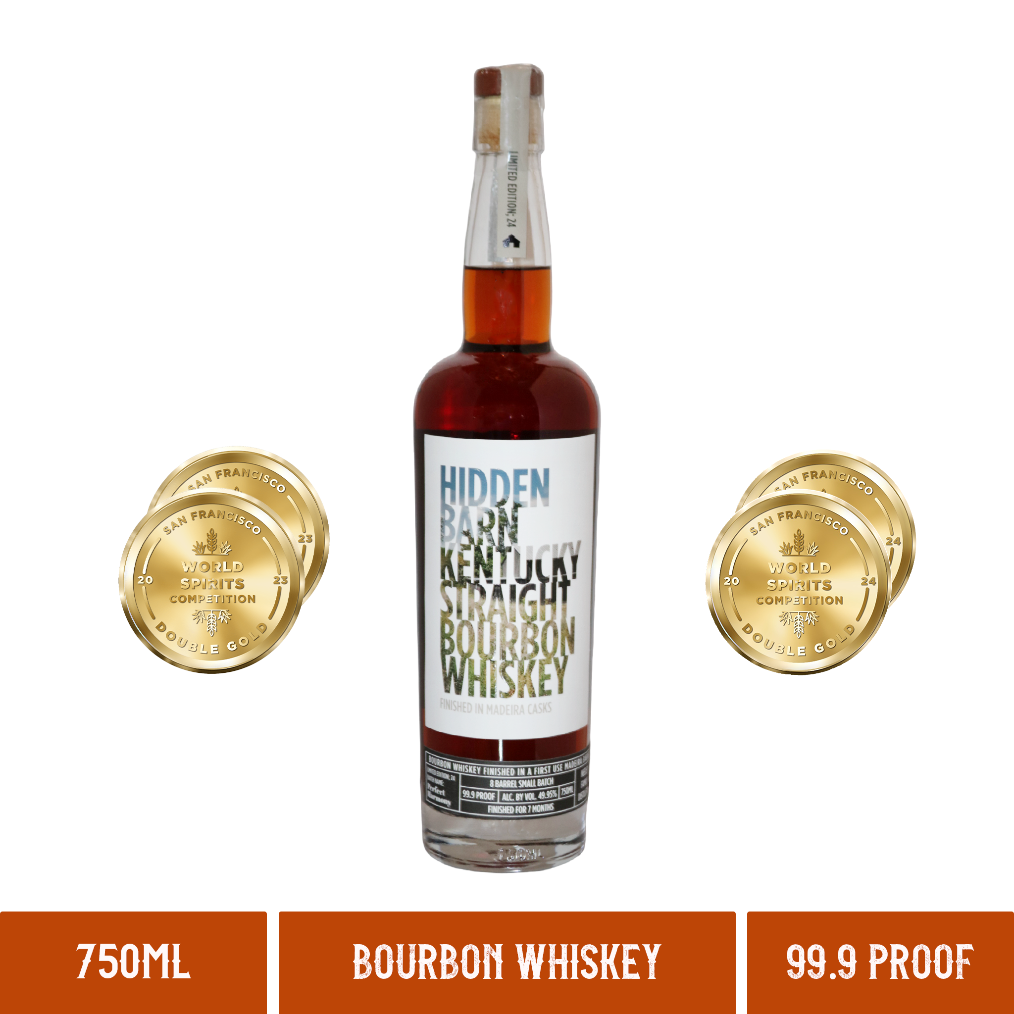 A bottle of Neeley Family Distillery Hidden Barn Finished In Madeira Casks Kentucky Straight Whiskey 99.9 Proof 750ml with Awards
