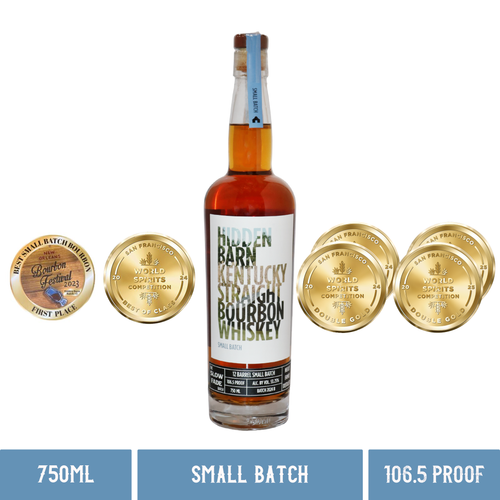 A bottle of Neeley Family Distillery Hidden Barn Small Batch Kentucky Straight Whiskey 106.5 Proof 750ml With Awards