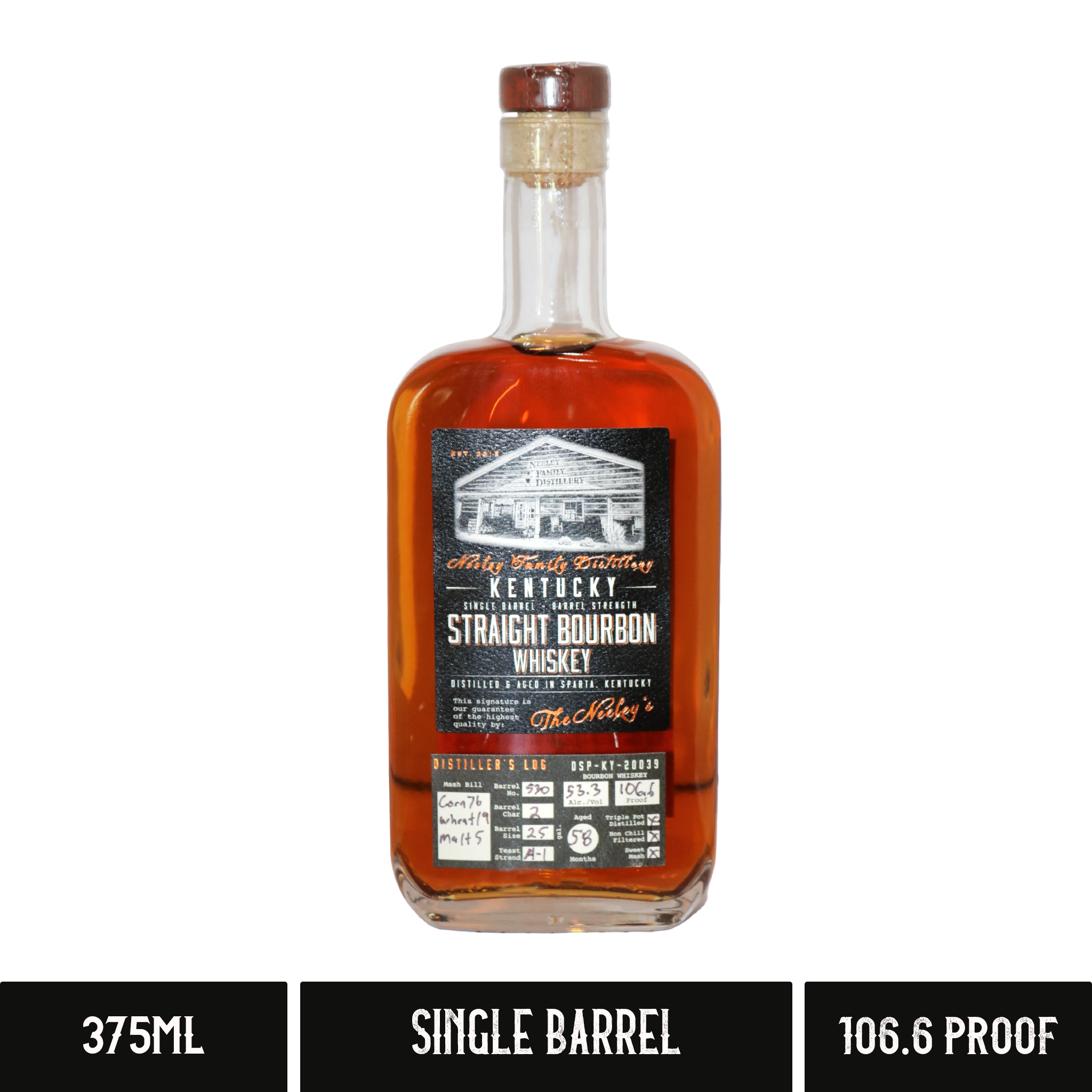 A bottle of Neeley Family Distillery Single Barrel Barrel Strength Kentucky Straight Bourbon Whiskey 106.6 Proof 375ml