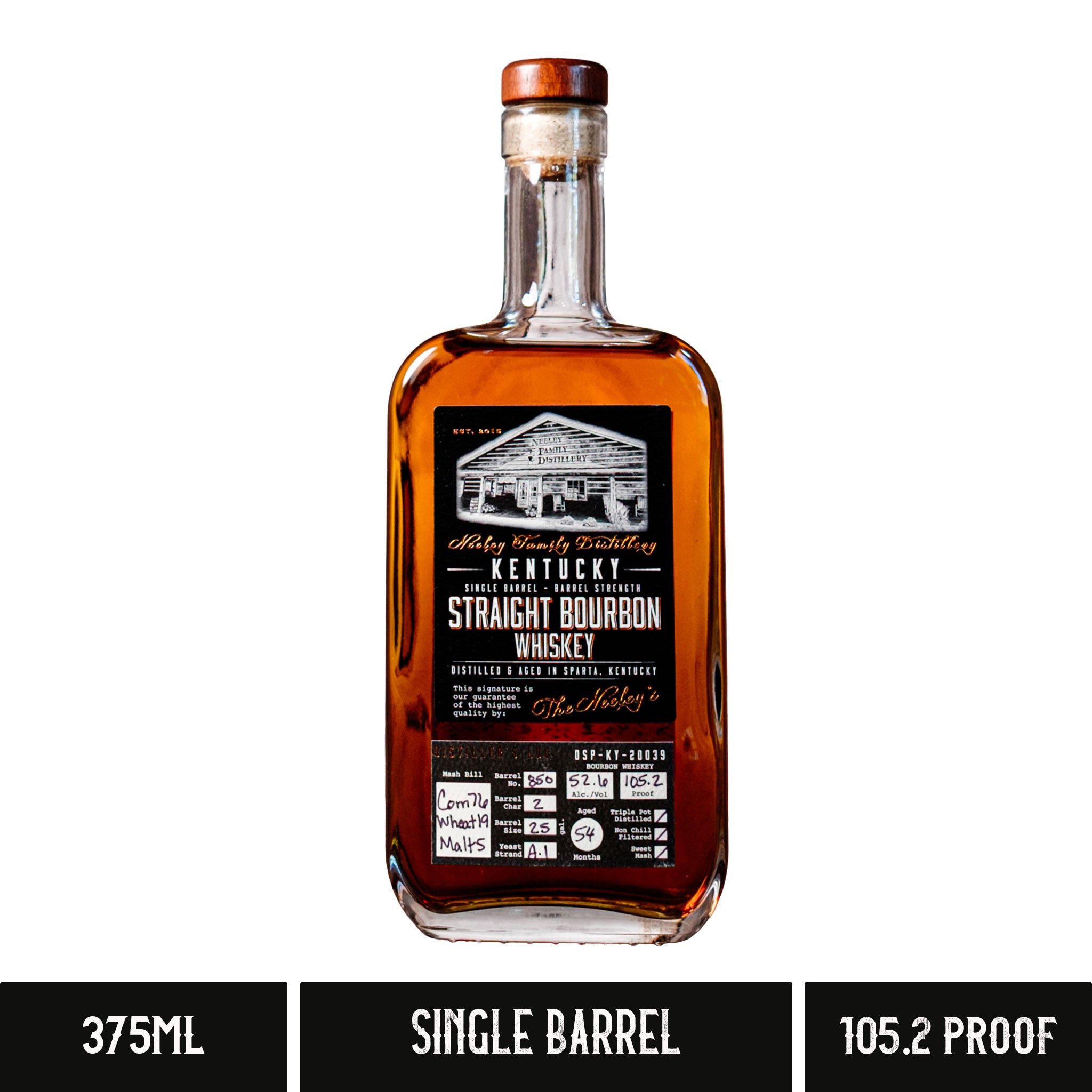 A bottle of Neeley Family Distillery Single Barrel Kentucky Straight Bourbon Whiskey 105.2 Proof 375ml