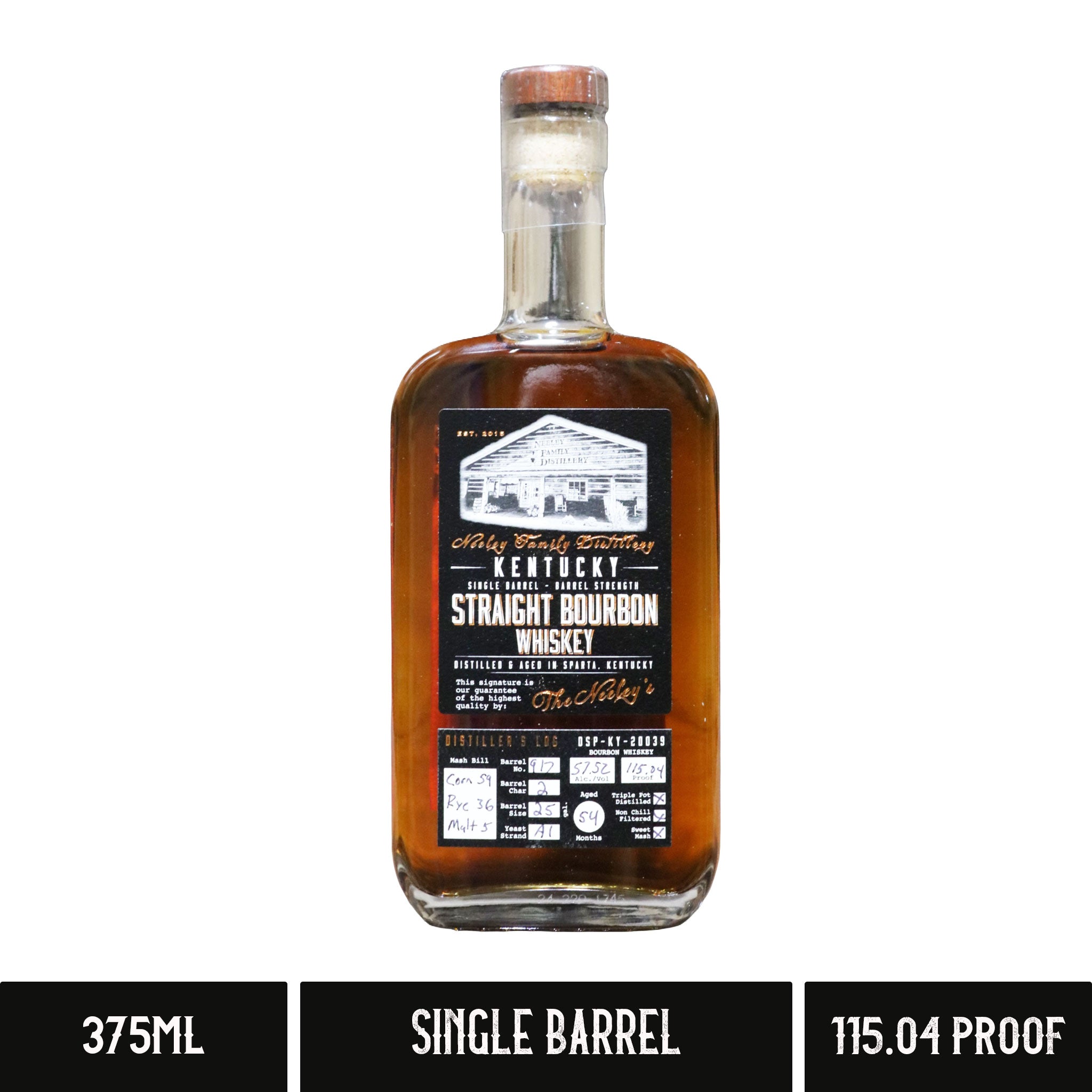 A bottle of Neeley Family Distillery Single Barrel Barrel Strength Kentucky Straight Bourbon Whiskey 115.04 Proof 375ml