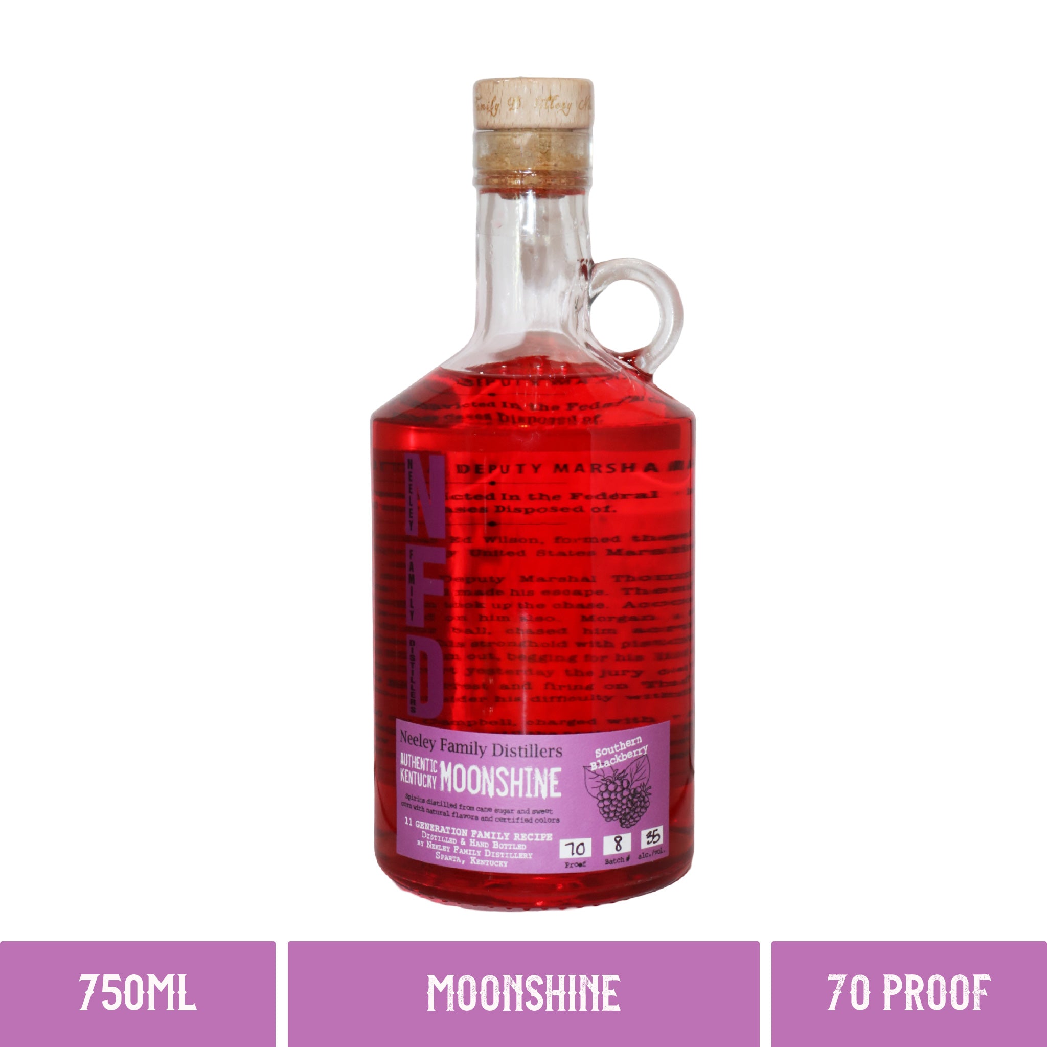 A bottle of Neeley Family Distillery Southern Blackberry Moonshine 70 Proof 750ml