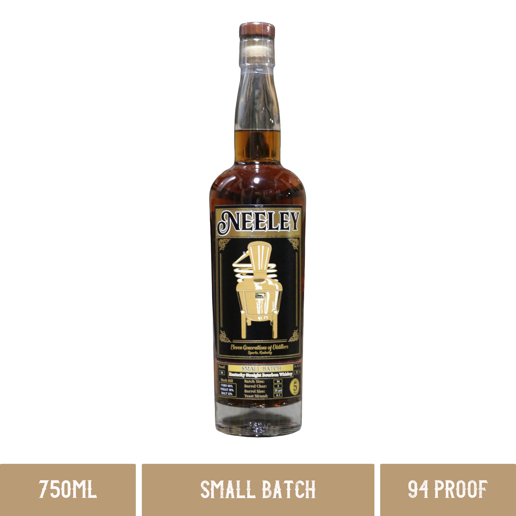 A bottle of Neeley Family Distillery Small batch Kentucky Straight Bourbon Whiskey 94 Proof 750ml