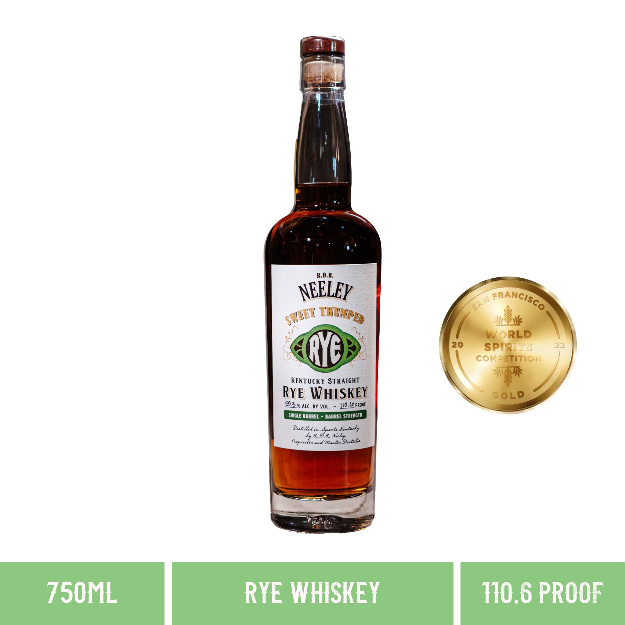 A bottle of Neeley Family Distillery R.D.R Sweet Thumped Rye Kentucky Straight Rye Whiskey 110.6 Proof 750ml With Award