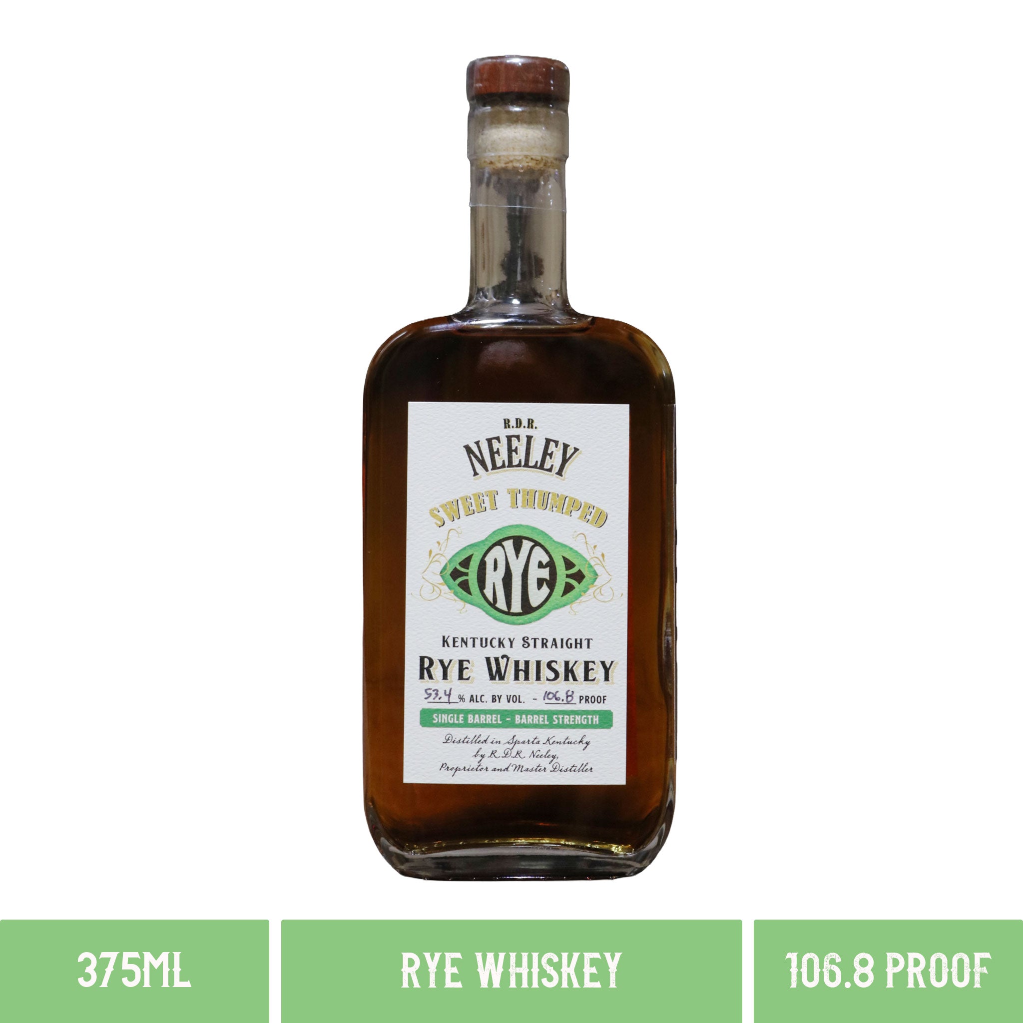 A bottle of Neeley Family Distillery R.D.R Sweet Thumped Rye Kentucky Straight Rye Whiskey 106.8 Proof 375ml