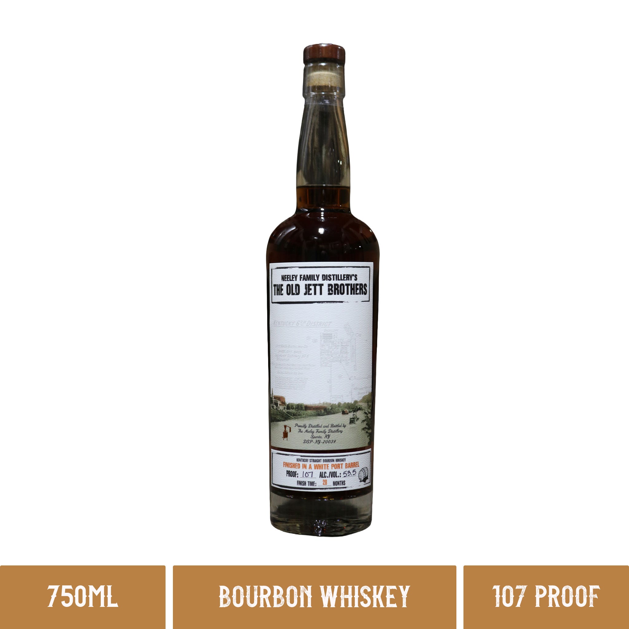A bottle of Neeley Family Distillery The Old Jett Brothers White Port Barrel Finish Kentucky Straight Bourbon Whiskey 107 Proof 750ml