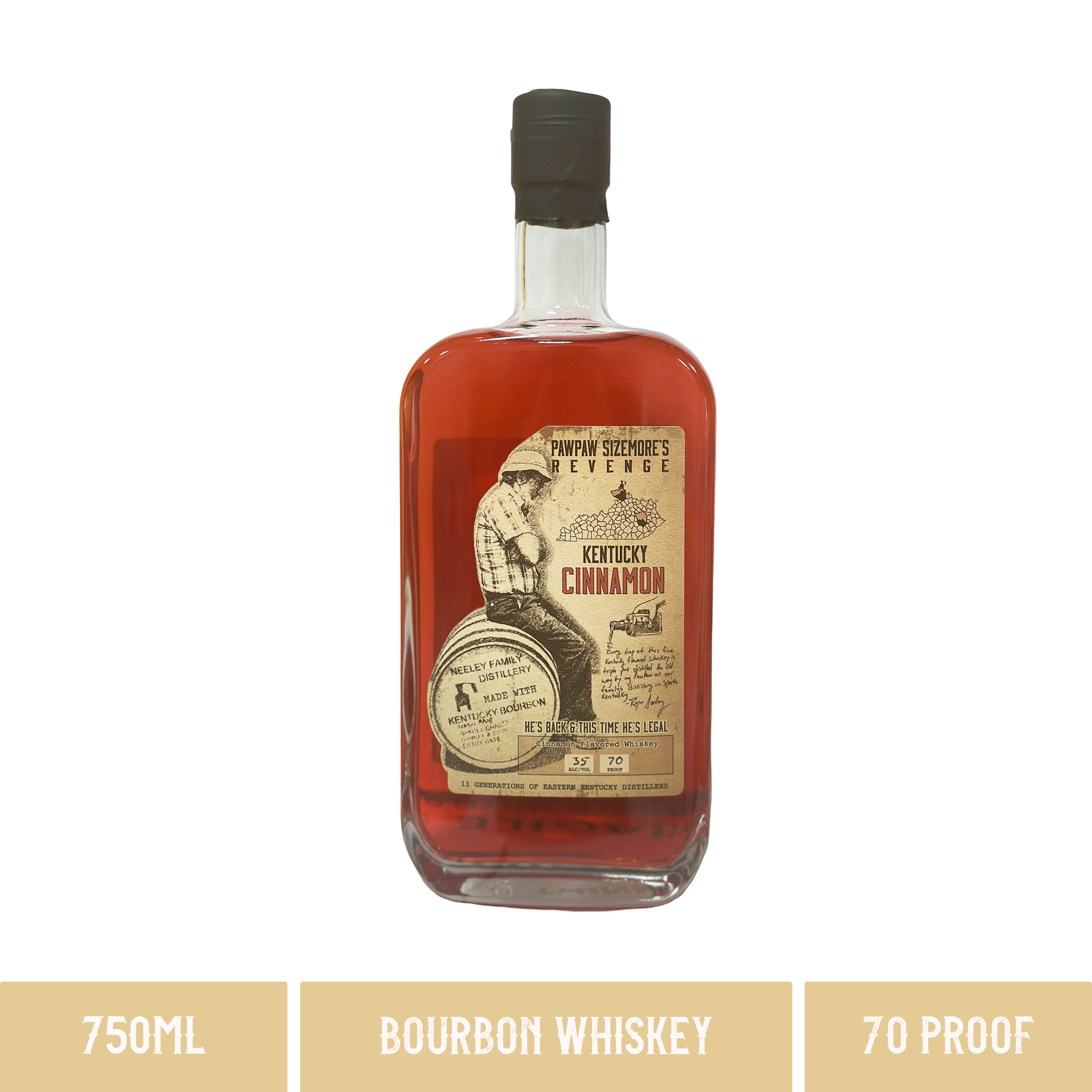 A bottle of Neeley Family Distillery Pawpaw Sizemore's Revenge Kentucky Cinnamon Flavored Whiskey 70 Proof 750ml