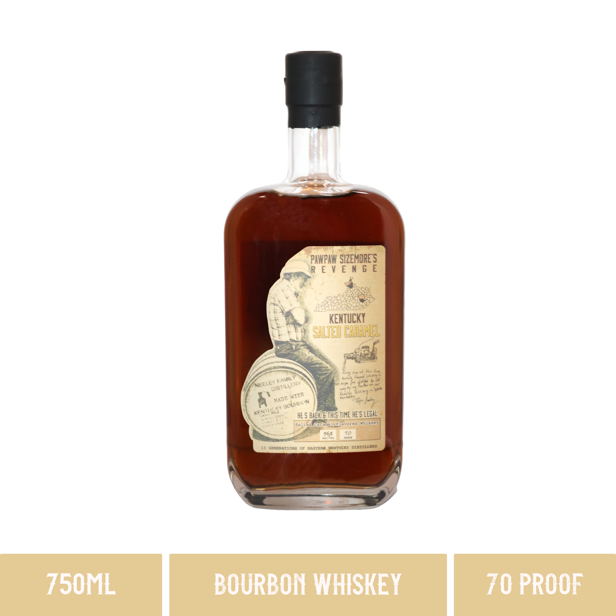 A bottle of Neeley Family Distillery Pawpaw Sizemore's Revenge Kentucky Salted Caramel Flavored Whiskey 70 Proof 750ml
